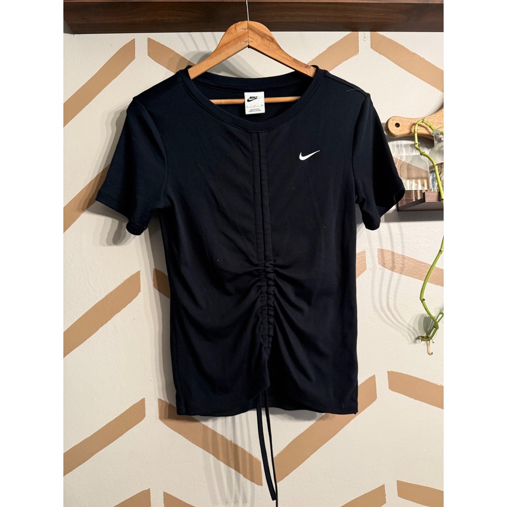 Nike Ruched Front T-Shirt Womens‎ Small Black Ribbed Drawstring Swoosh Top